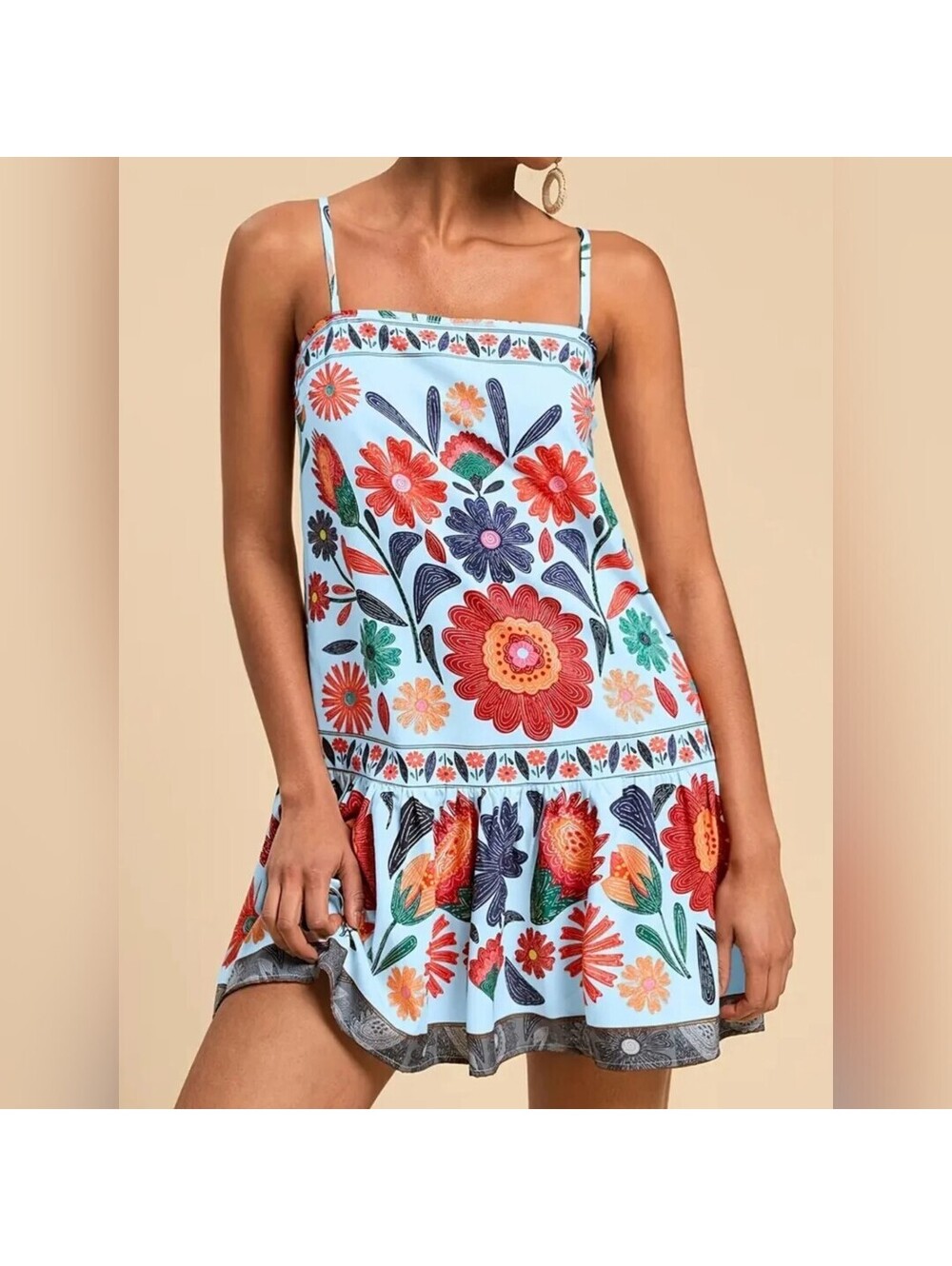 NWOT Women’s Blue Floral Sleeveless Mini Dress with Ruffle Hem, Small